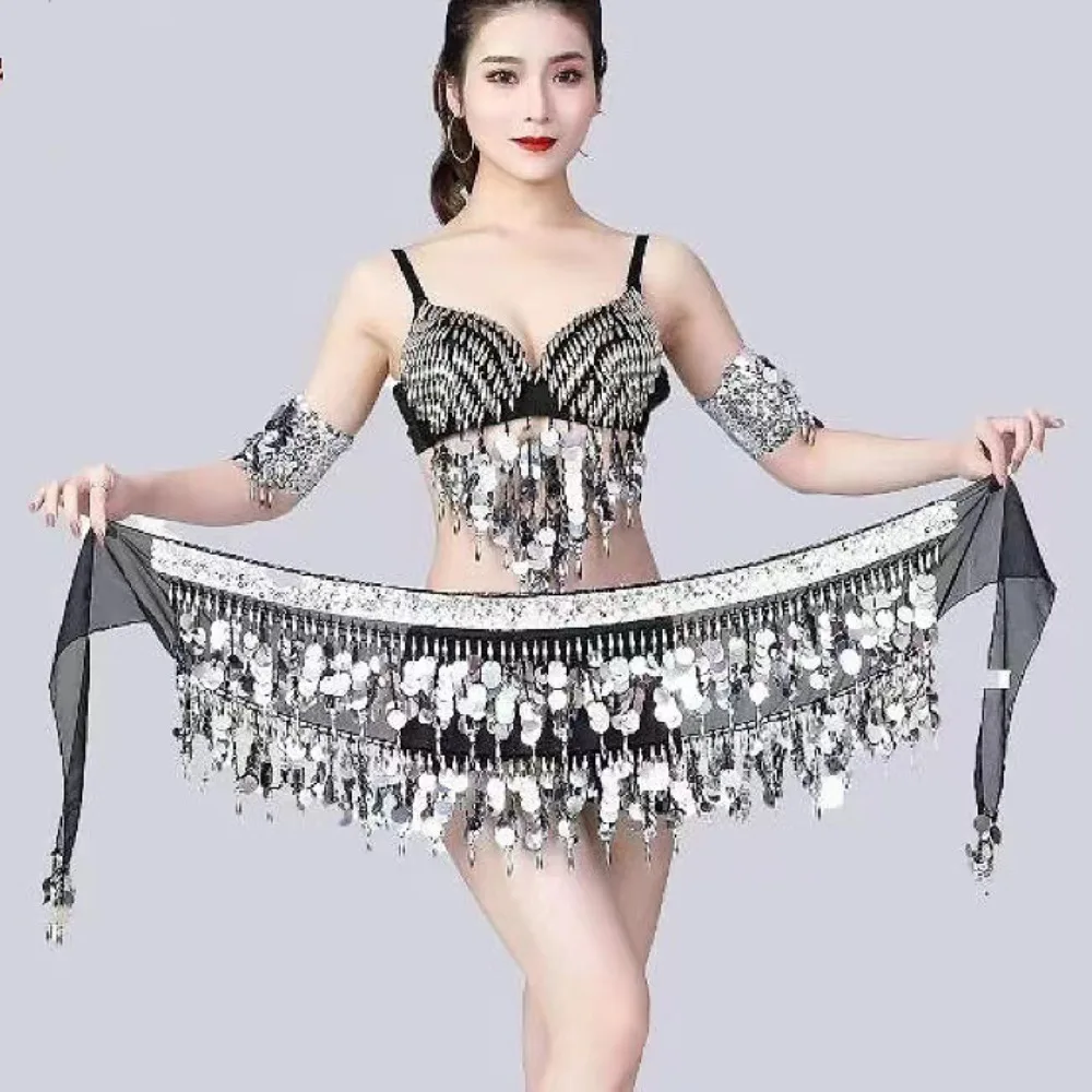 Bauchtanz-Hüfttuch mit Pailletten, Fransen, Performance-Taillenkette, Bollywood-Tanz, verstellbarer elastischer Gürtel, Quasten