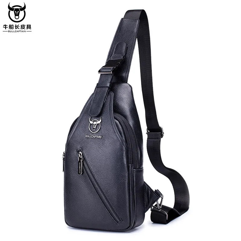 Real leather chest bag business litchi grain diagonal span bag multi-pocket large capacity chest travel shoulder bag Advanced