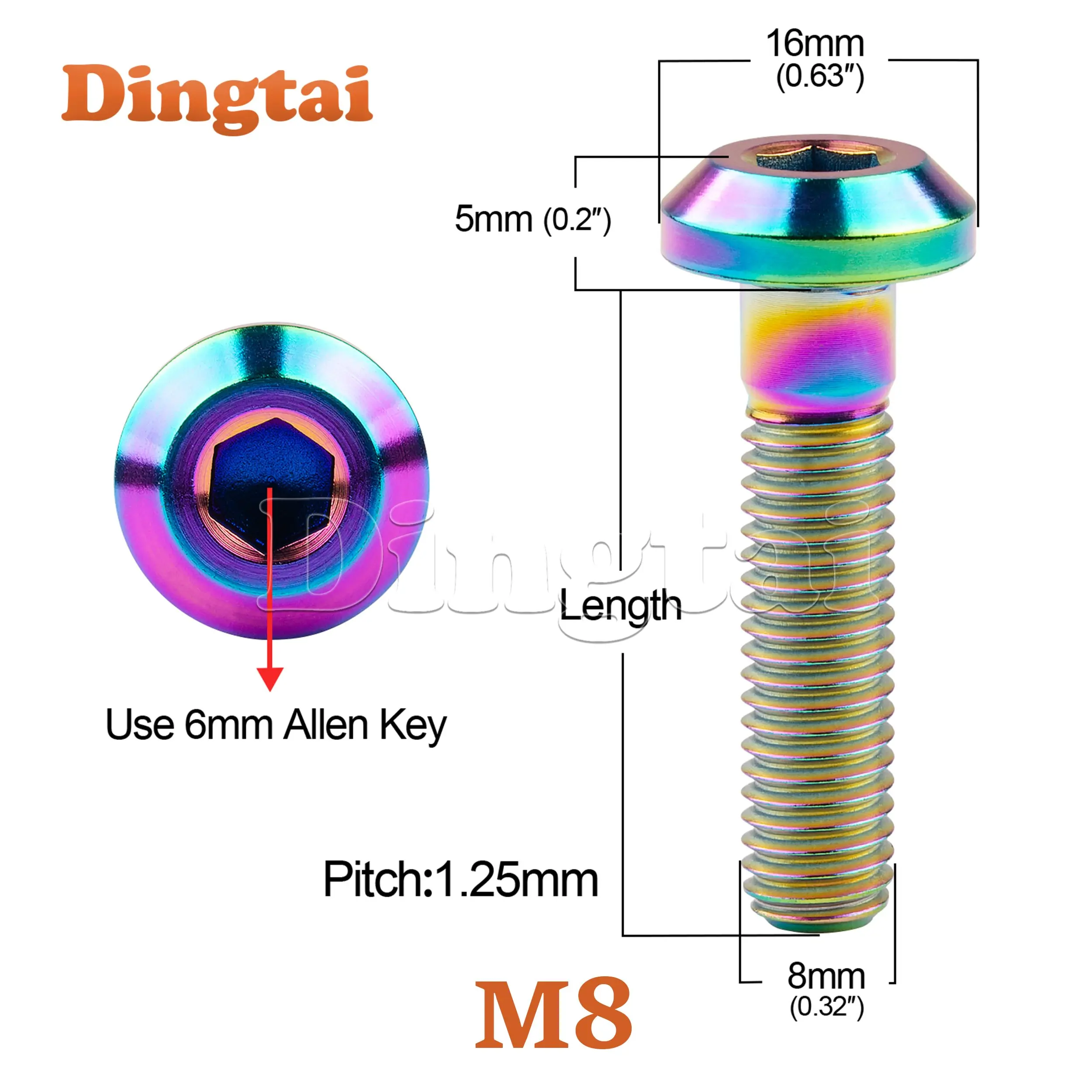 Dingtai Titanium Bolt M8x15/ 20/ 25/ 30 /35/ 40mm Allen Key Head Screw for Bicycle Motorcycle