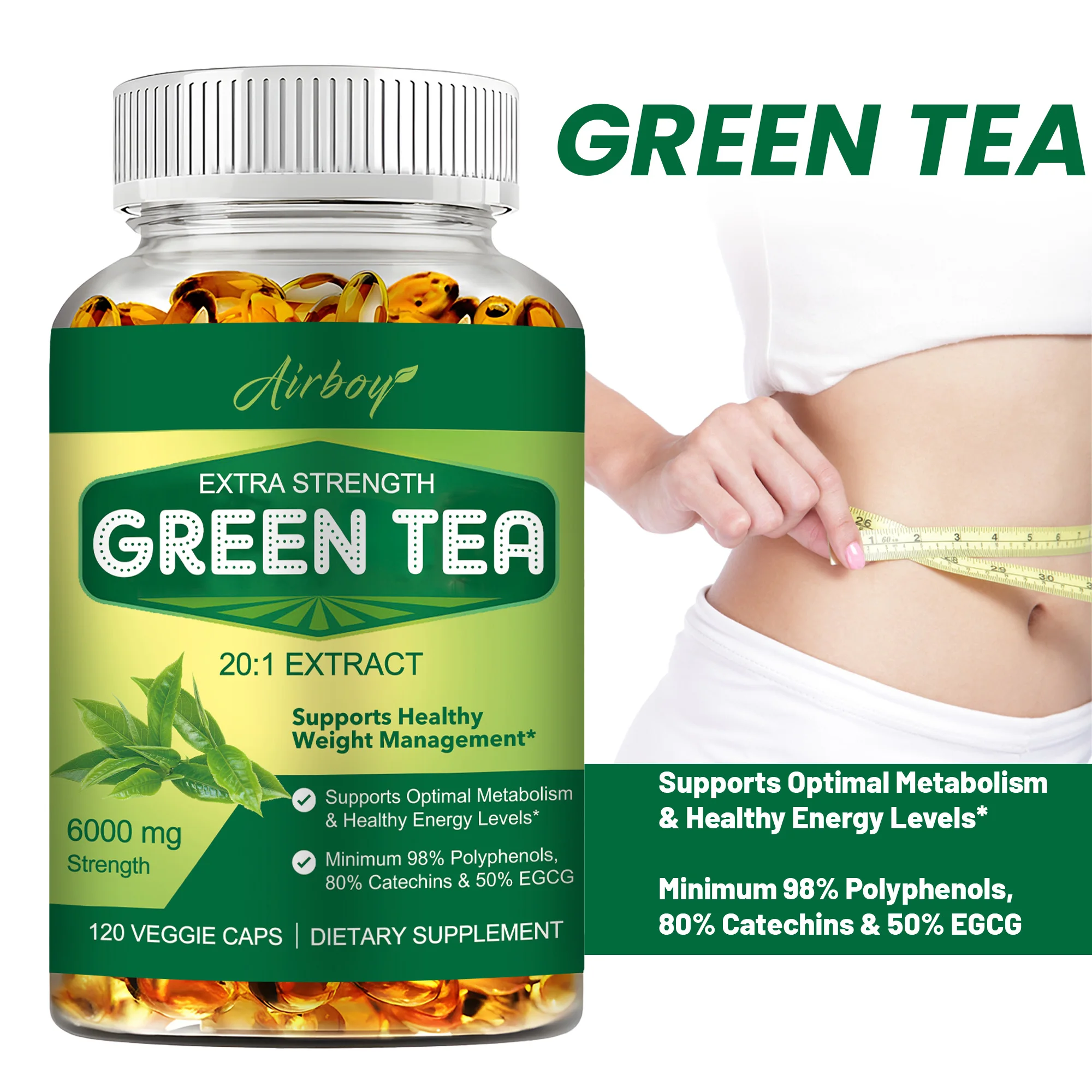 Green Tea Capsules - Anti-oxidation, Suppress Appetite, Support Heart Health, Promote Metabolism, Improve Immunity