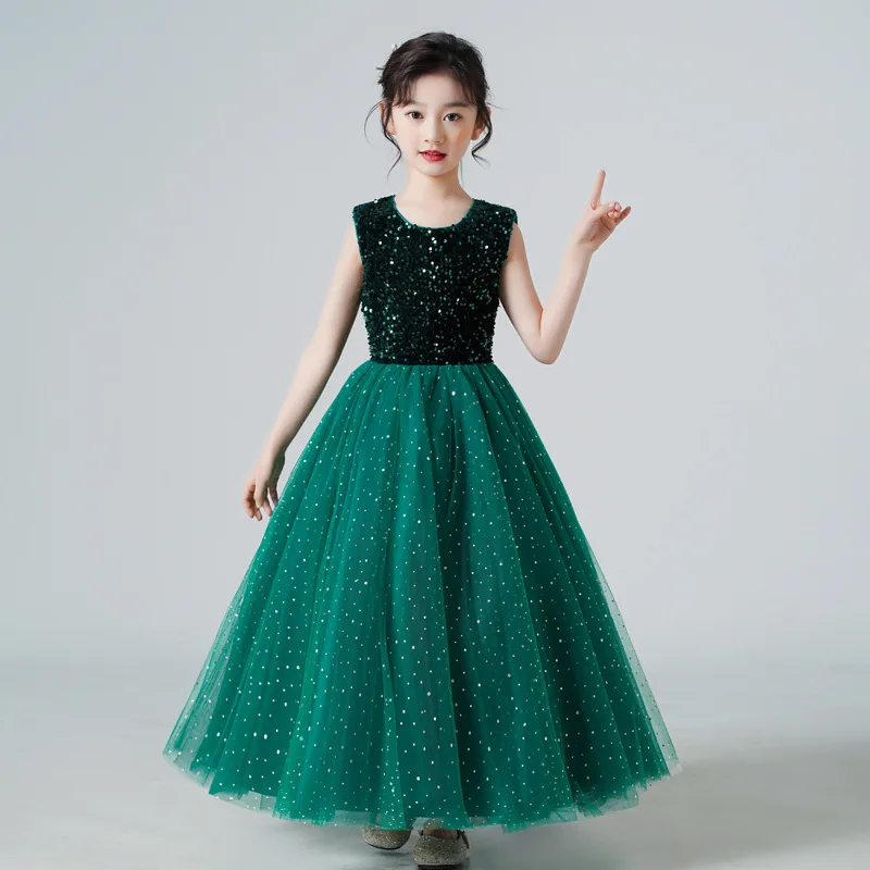 2025 summer new sequin mesh skirt, princess style, school performance dress, for girls aged 4-14, suitable for wedding occasions