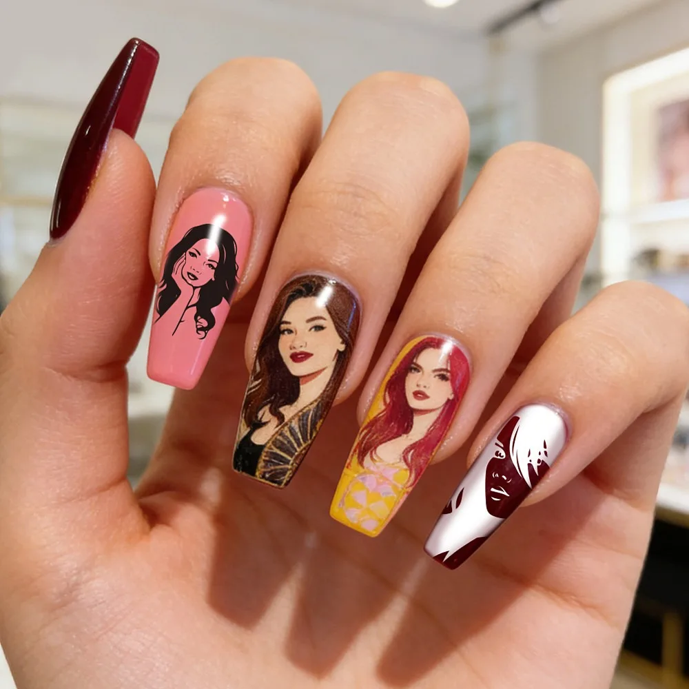 3 Stück Nagelstempelplatten mit weiblichen Porträts, weibliche Silhouetten, Charaktere, Avatare, Nagelkunst-Schablonen, Nagelkunst – Detail 4