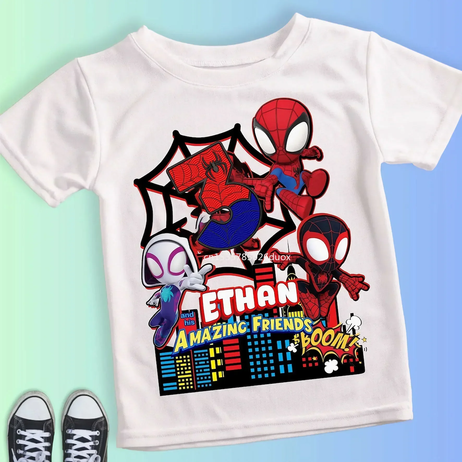 Spider Man and His Friends Children T-Shirt Summer Cotton Kid Clothes Numble 2 3 4 5 6 7 8 9 Birthday Party Boy Baby White Tee