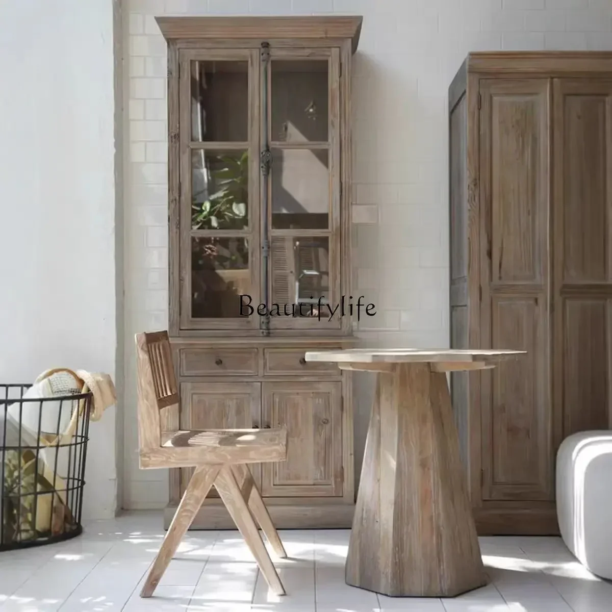 yj9  American Style Solid Wood Bookcase Combination French Retro Oak Bookshelf with Locking Storage Cabinet