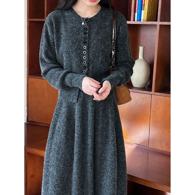 

Свитер, кардиган + юбка, комплект из двух предметов, небольшой аромат, простой базовый модный женский костюм, женский французский нежный однобортный однобортный костюм с круглым вырезом