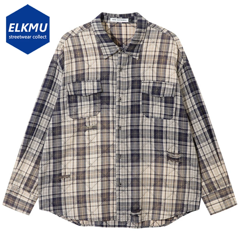 

Vintage Ripped Men Shirts Oversized Long Sleeve Plaid Shirts Button Up Blouse Streetwear Harajuku Hip Hop Shirts