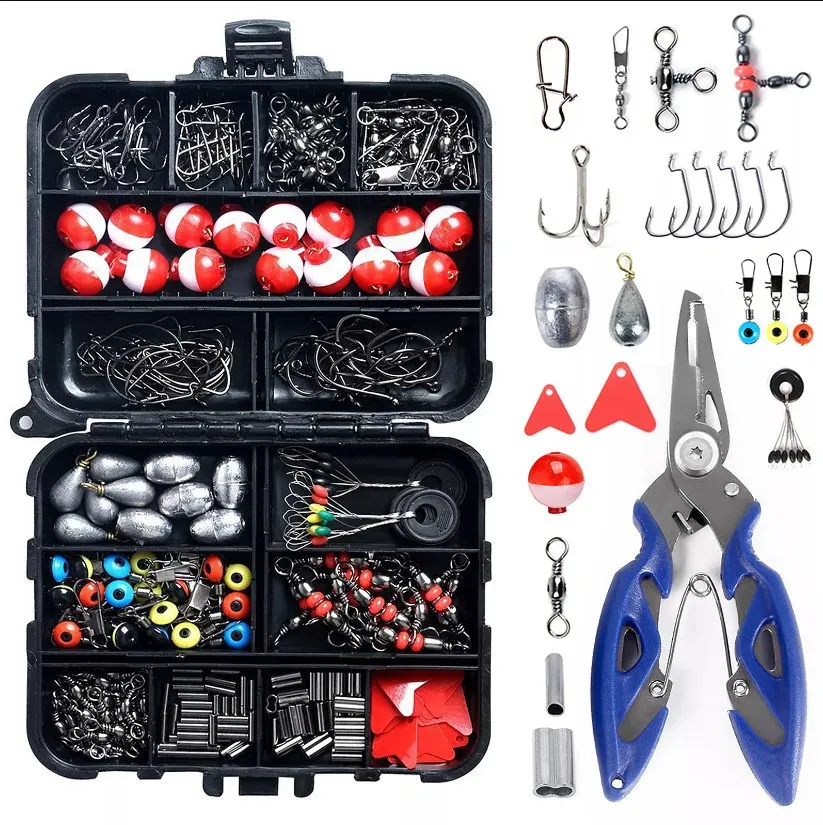 

263pcs Outdoor Fishing Accessories Set with Tackle Box Including Plier Jig Hooks Sinker Weight Swivels Snaps Sinker Slides Kit