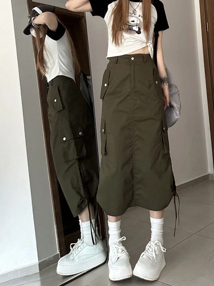 Zoki American Retro Streetwear Cargo Skirt Women Fashion Slit Hip