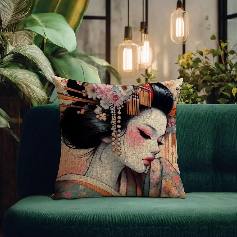 Art Japanese Geisha Art Cushion Cover Natural Linen Pillowcase Set Cushion Cover for Sofa Bedroom Chair