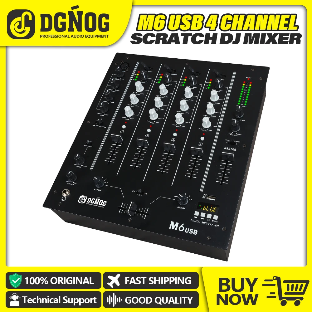 M6 USB 4-Channel Scratch DJ Mixer with Built-In Audio Interface 3-Band EQ Microphone Input and Replaceable Crossfader DGNOG