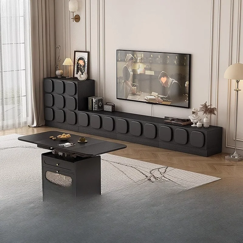 French Retro Black TV Cabinet and Coffee Table Combo Medieval Style 40cm Wide Living Room Floor Standing Storage Unit for
