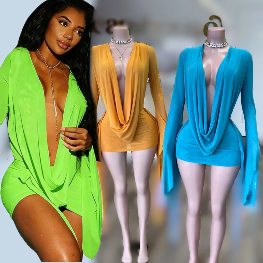 Fashion Spring Casual Women's Dresses Mesh See Through Deep V-neck Backless Long Flared Sleeve Wrapped Dress Mini Dress