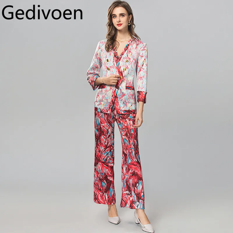 Gedivoen Autumn Winter Women's Suit V-Neck Long-Sleeved Double breasted Tops+Straight Leg Pants Fashion Print Two Piece Set