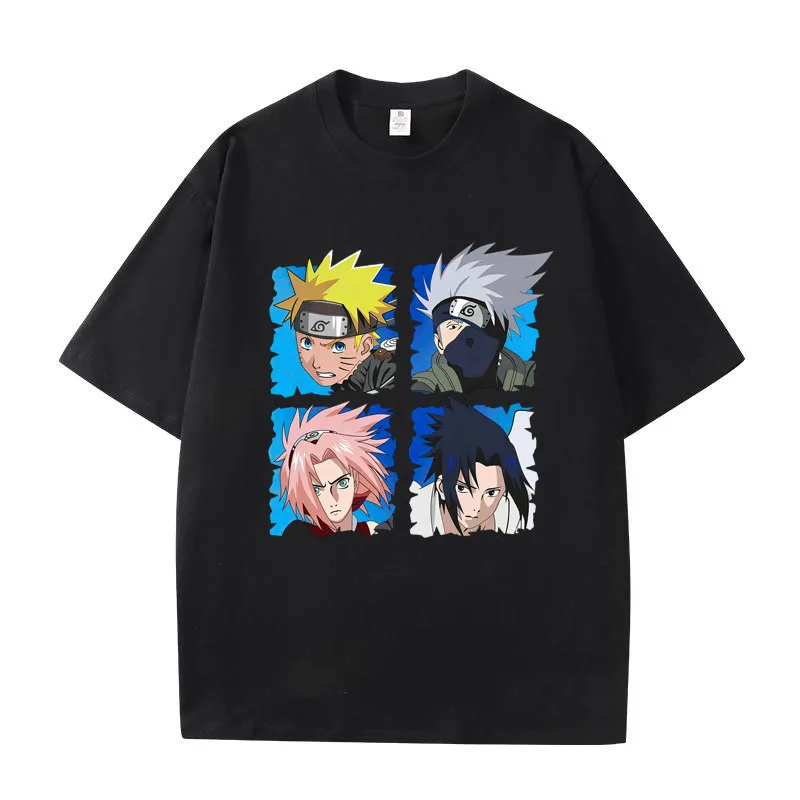 Naruto  Four Panel Characters Cotton T-Shirt, Boys Girls Harajuku Streetwear Anime Short Sleeve Tee, Retro Casual Children Top