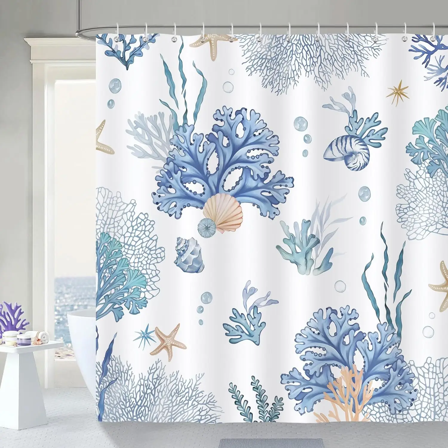 

Nautical Coastal Shower Curtain, Blue Ocean Beach Coral Seashell Starfish Bathroom Decor 72 x 72 Inch Polyester Fabric