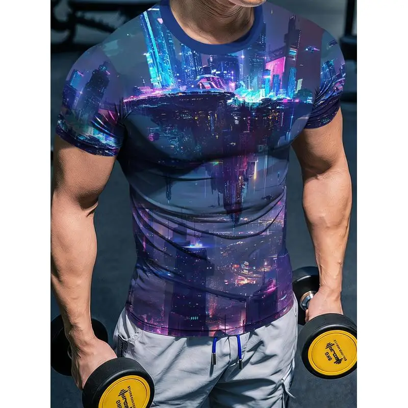 Premium Mens Muscle Training Tee Quick Dry Moisture Wicking Short Sleeve Compression Fitness Shirt All Over Print Body Hugging
