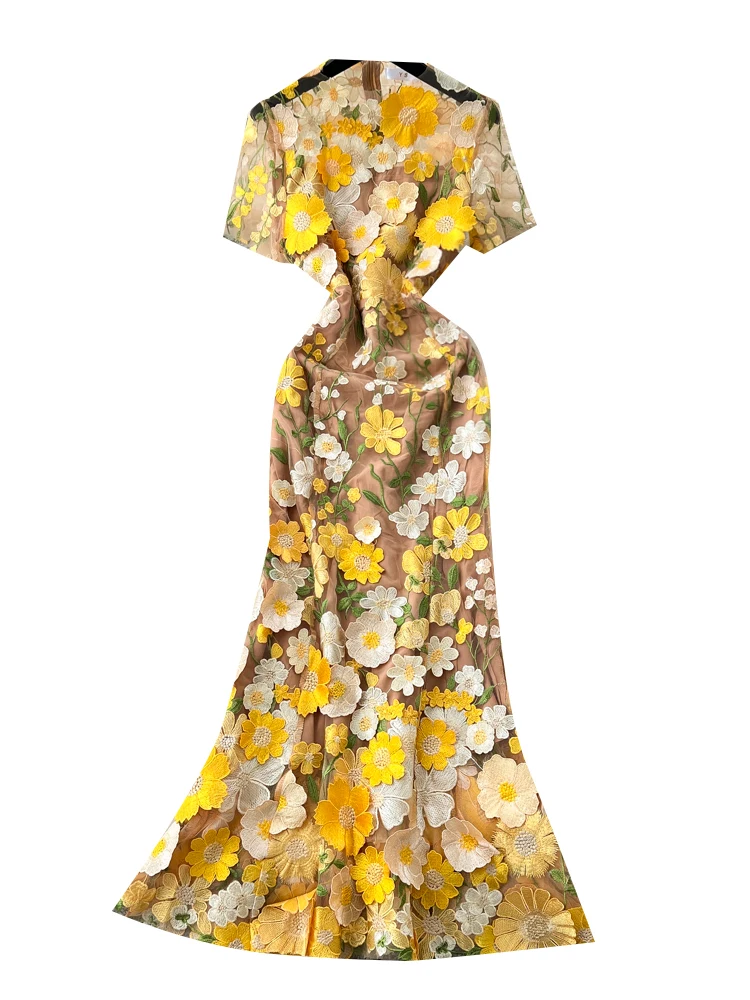 กระโปรงยาวทรงเอ เอวสูง ปักลายดอกไม้ 3 มิติ สีเหลือง สำหรับใส่ในฤดูใบไม้ผลิ ฤดูใบไม้ร่วง และฤดูร้อน