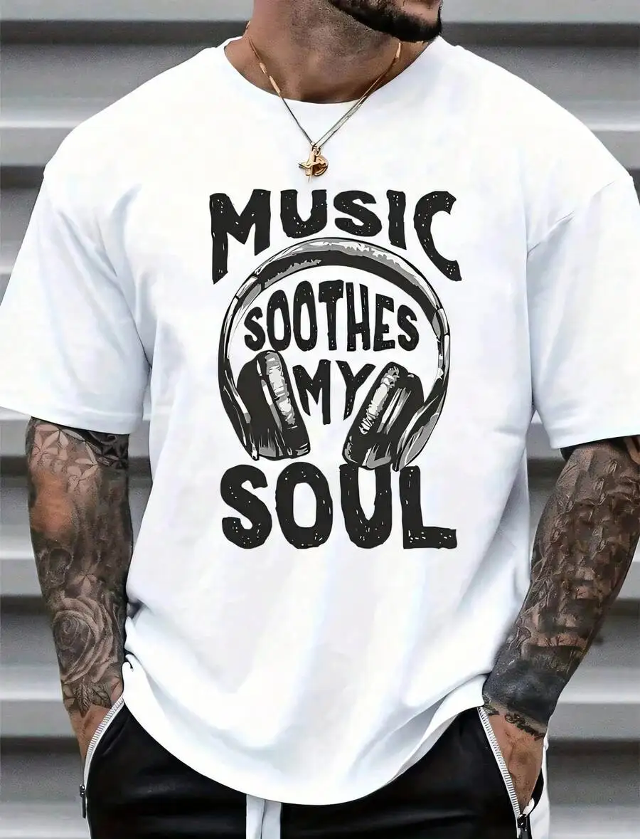 1pc Man S' Headphone Music Soul Print Black TShirt Crew Neck Casual Cotton Tee Medium Stretch Knit Fabric Regular Fit For Boys M