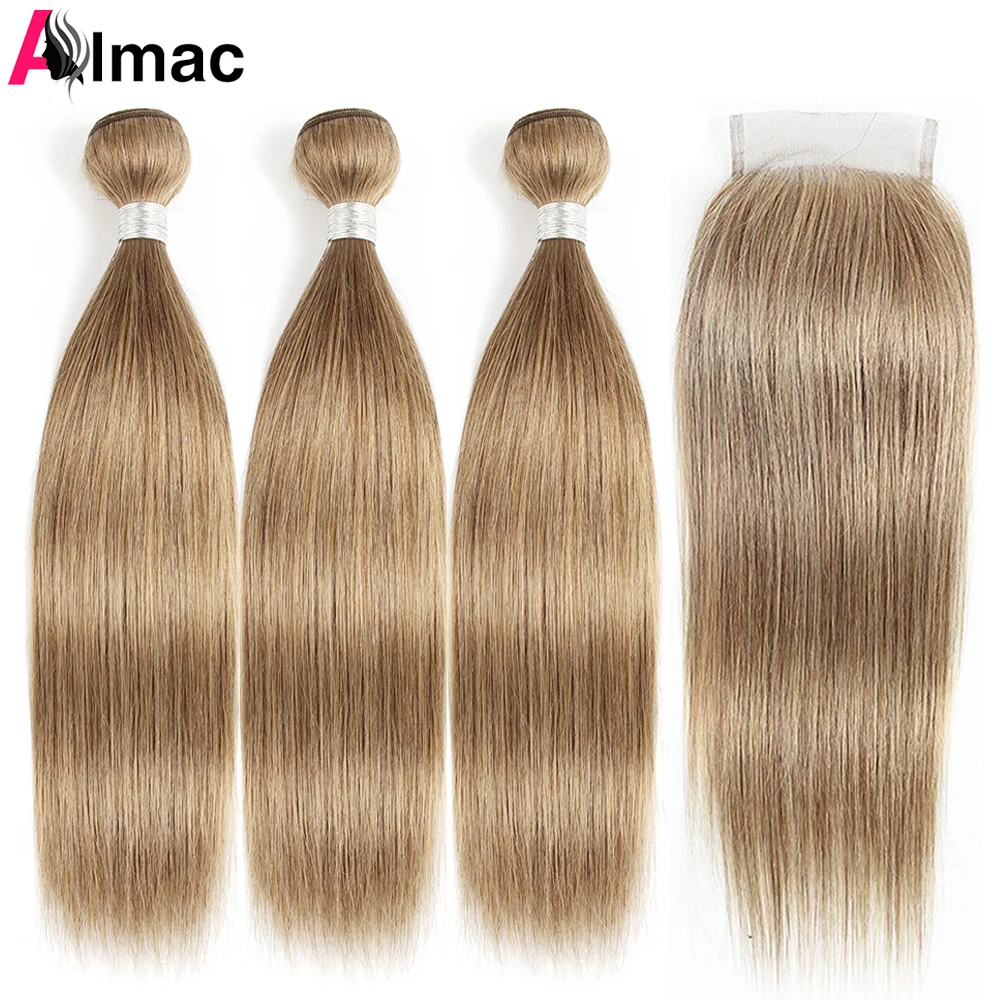 Ash Blonde Color Human Hair 3 Bundles With 4x4 Lace Closure Straight Indian Remy Hair Extension Double Wefts 95g/PC Full End