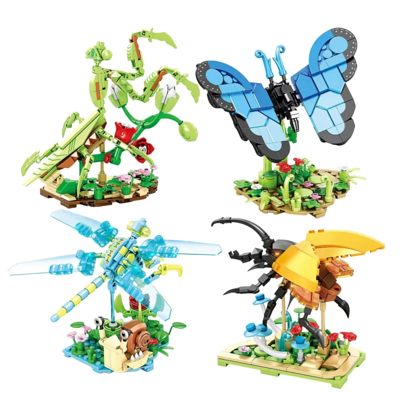 Insect World City Creativity Animal Butterfly Mantis Dragonfly Beetle Building Blocks Toys Desktop ornaments Bricks Kids Gift