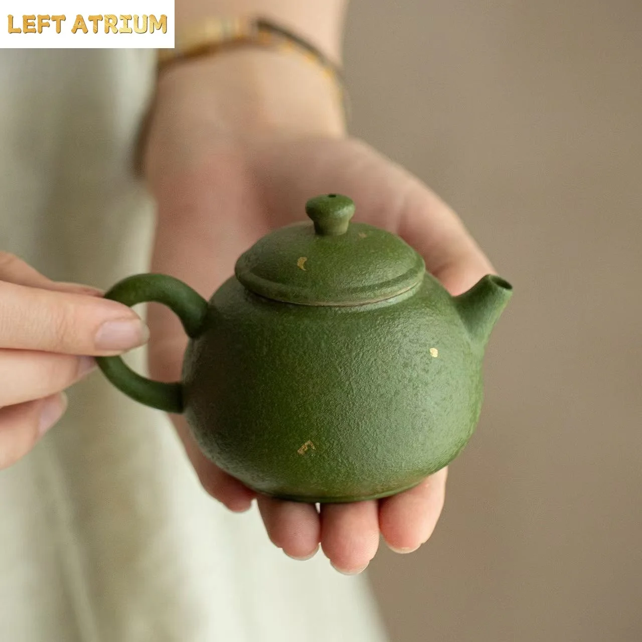Tetera de Cerámica Antigua Verde Naranja con Detalles Dorados de 100ML, Juego de Té Kung Fu, Tetera con Diseño de Bola y Filtro de Agujeros, Tetera para Infusión