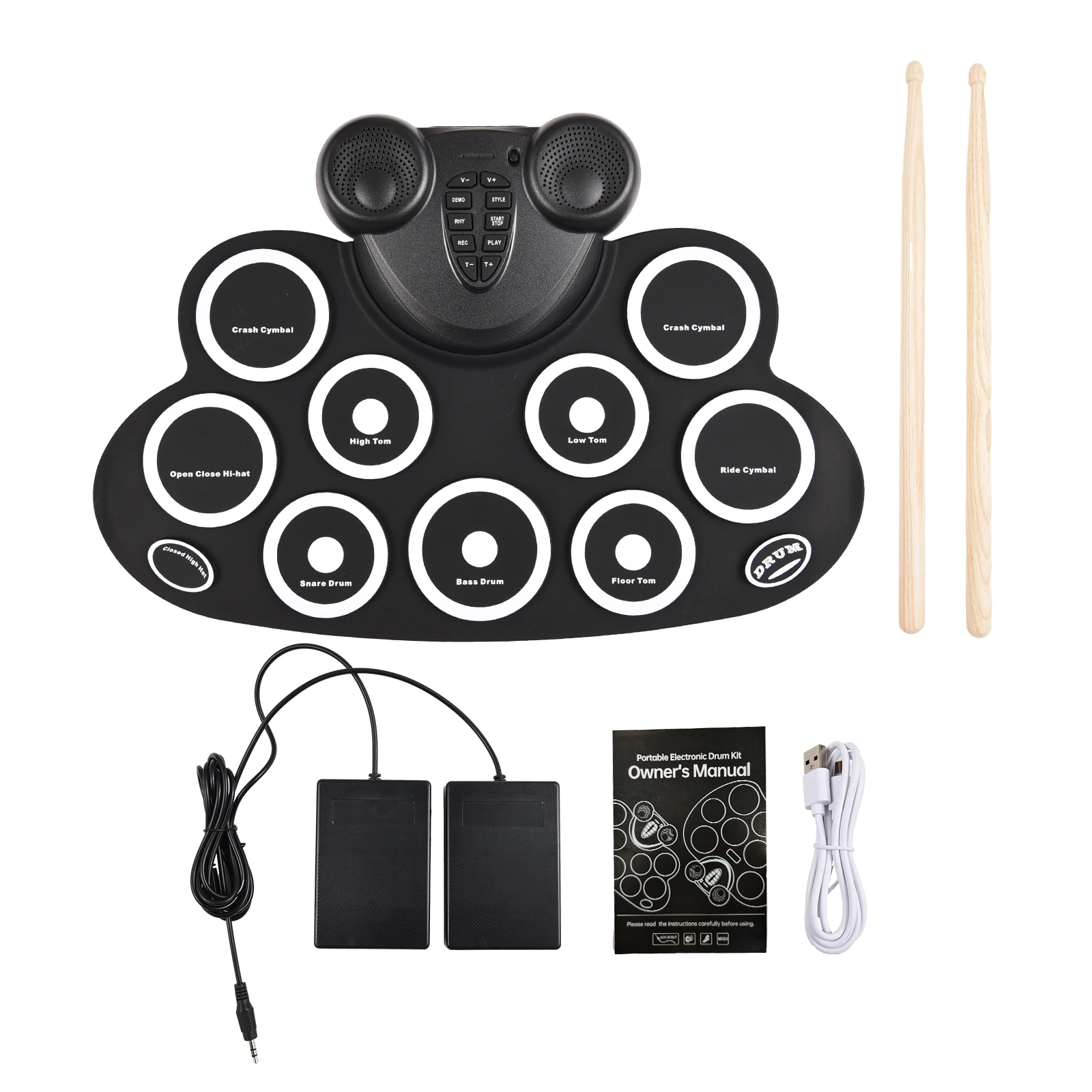 Electronic Drum Set Hand Roll Drum Set with Drumsticks Foot Pedal 9 Pads Dual Speaker Supports Connection MIDI Gaming Pad Drum