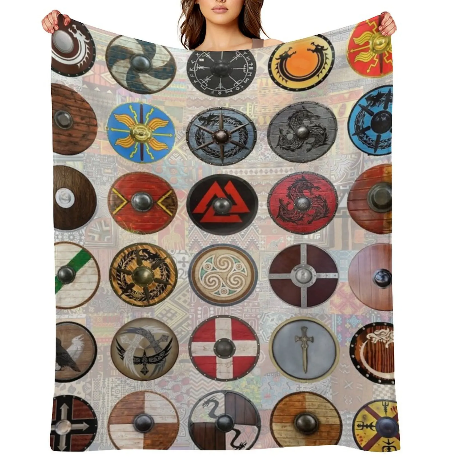 

Viking Shields Throw Blanket funny gift Nap bed plaid Hairy Blankets
