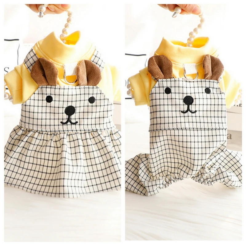 Cat and Dog Dress Autumn New Pet  Clothing Traction Buckle Black Grid Dress Fake Two Pieces Yellow Strap Pants Pet Jumpsuit