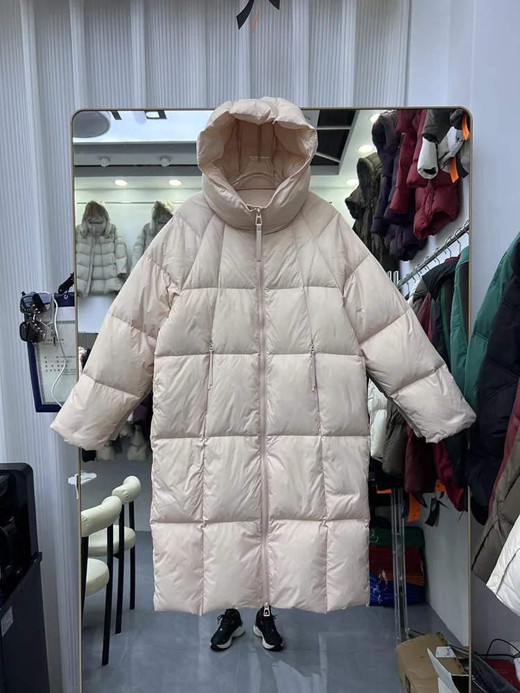 2025 winter new down jacket women's solid color simple and versatile long style hooded loose white duck down jacket