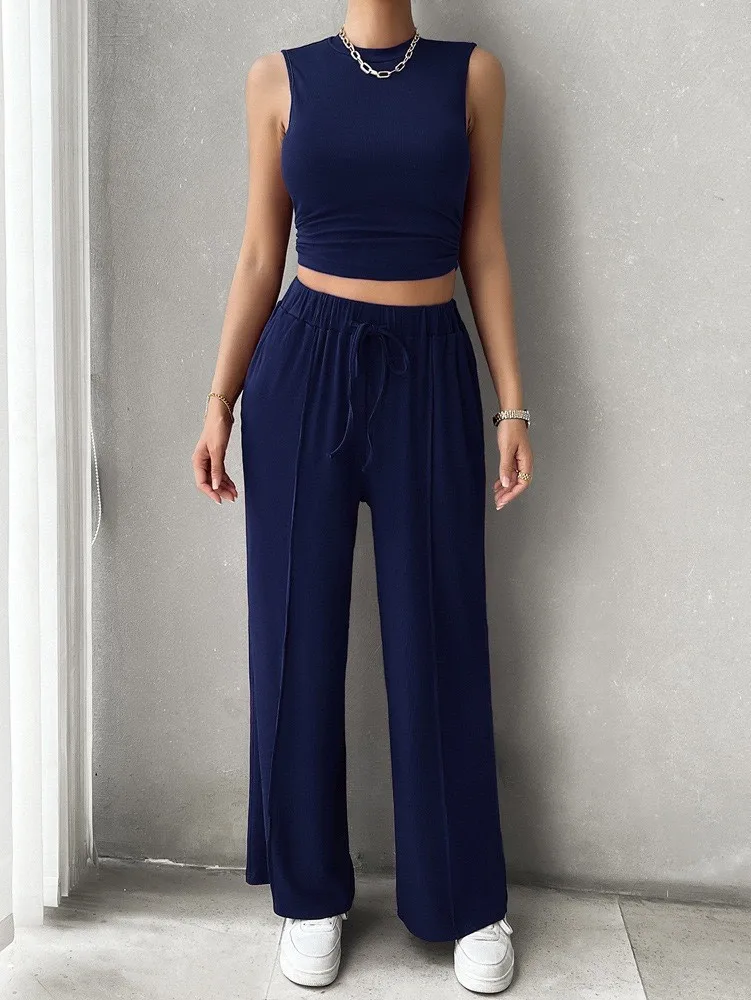 2 Piece Set Summer Y2k Tank High Waist Sleeveless Top Wide Leg Pants Solid Color Vest Top Drawstring Waist Relaxed Fit Matching view 5