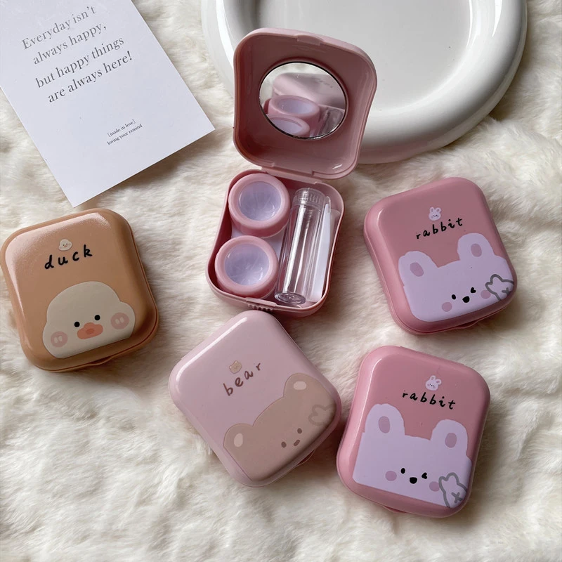 Fashion Cute Pink Little Bear Rabbit Duck Portable Contact Lens Case for Women Travel Holder with Mirror Contact Lenses Box