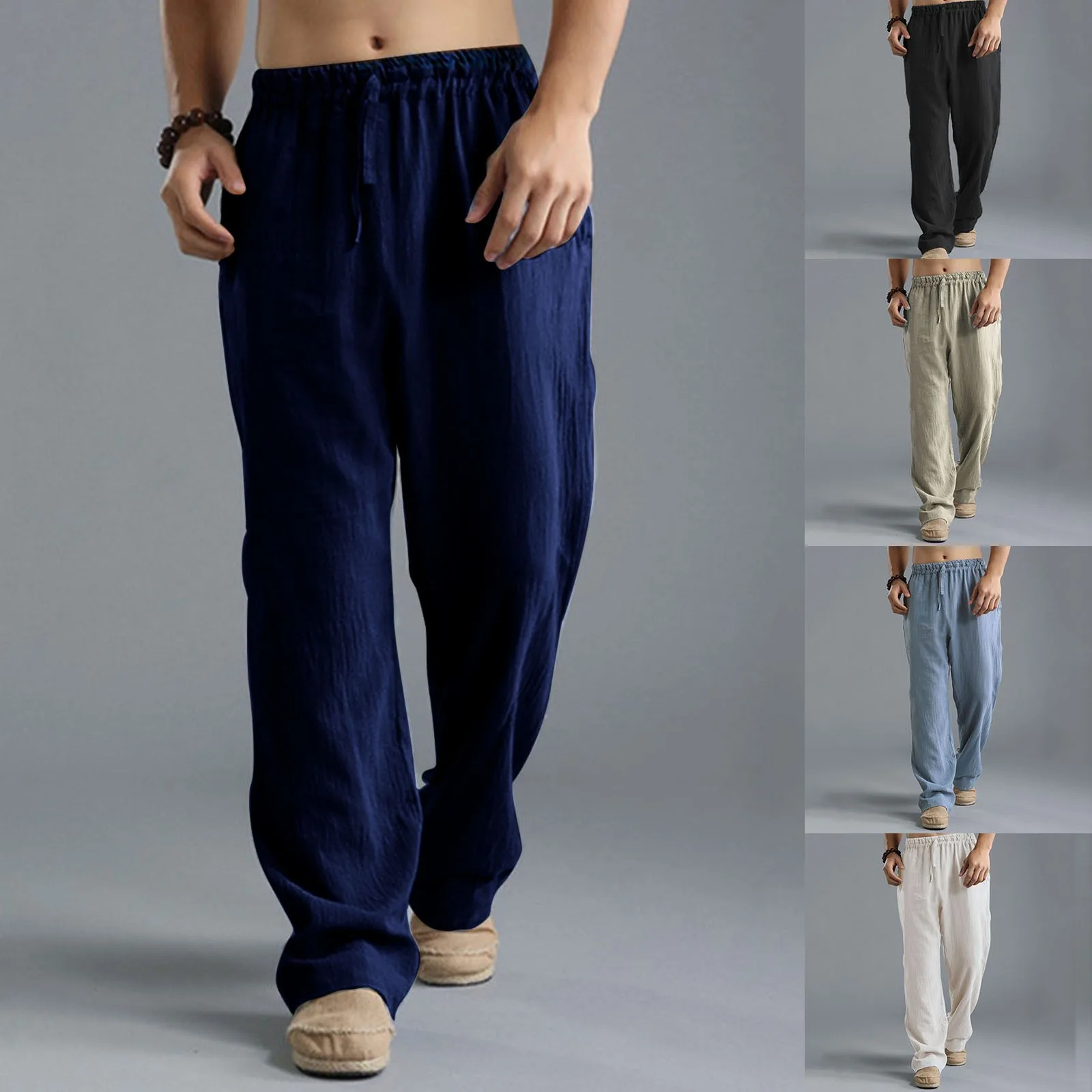 

Men'S Cotton Linen Long Pants Summer Solid Color Breathable Linen Trousers Male Casual Elastic Waist Casual Pants Harajuku Trous