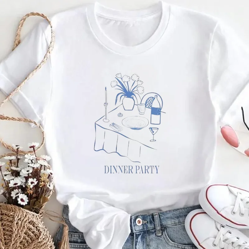 

Summer New Printed Women's Dinner Pattern Short Sleeve Harajuku Holiday Travel Women's Regular Cartoon 90s Trendy White T-Shirt