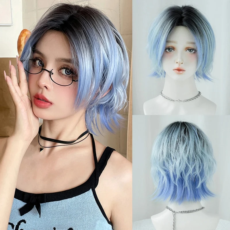 12 inch women's short water ripple deep blue synthetic wig, suitable for women's festivals, worn during role-playing