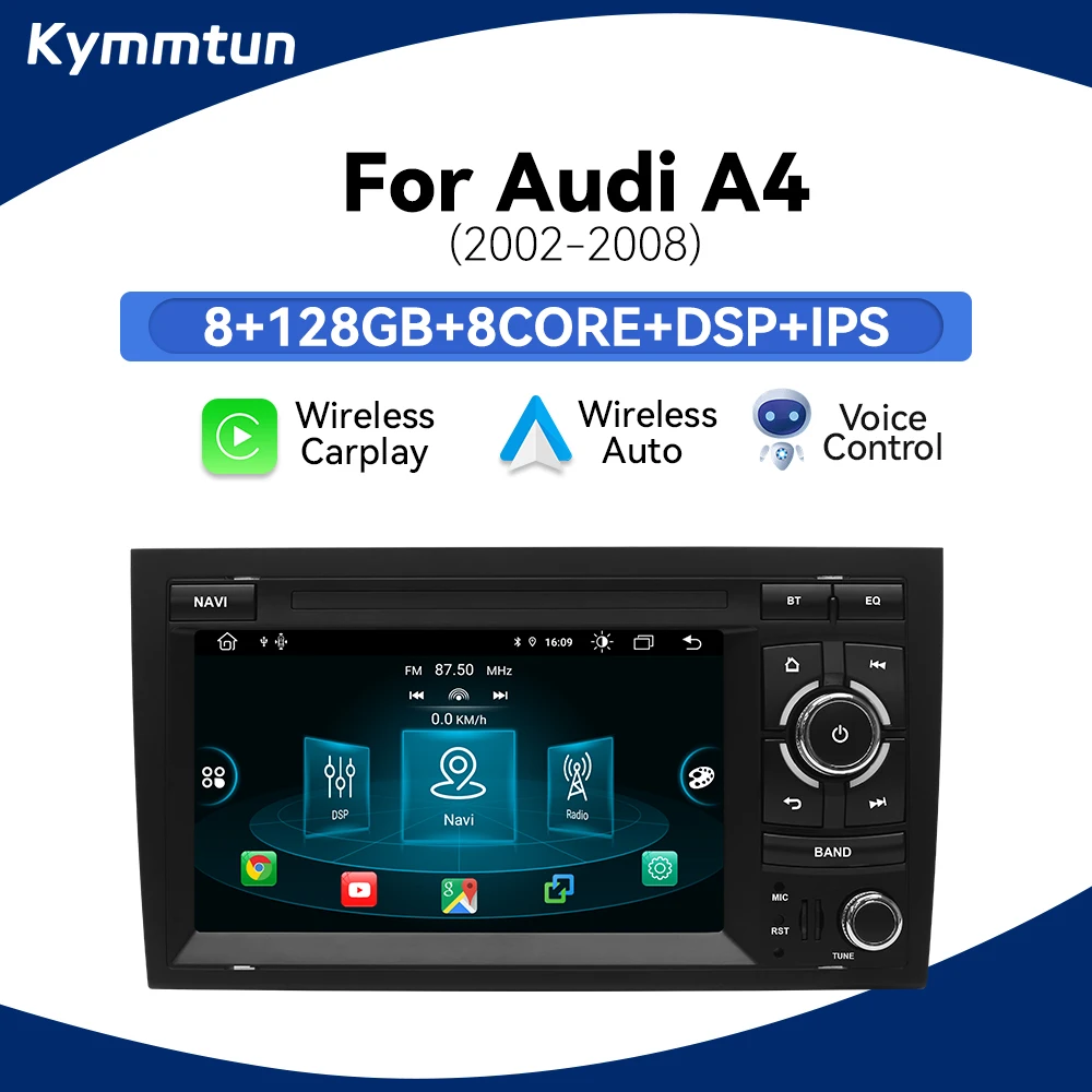 Autoradio Android 14 sans fil avec commande vocale IA pour Audi A4 B8 B6 B7 S4 B7 B6 RS4 B7 SEAT, lecteur multimédia GPS 4G Wifi