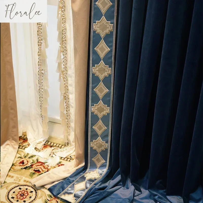 

Luxurious Blue Velvet Curtain For Living Room Bedroom Dining Room Embroidered Splicing Lace High Quality Blackout Curtain Custom