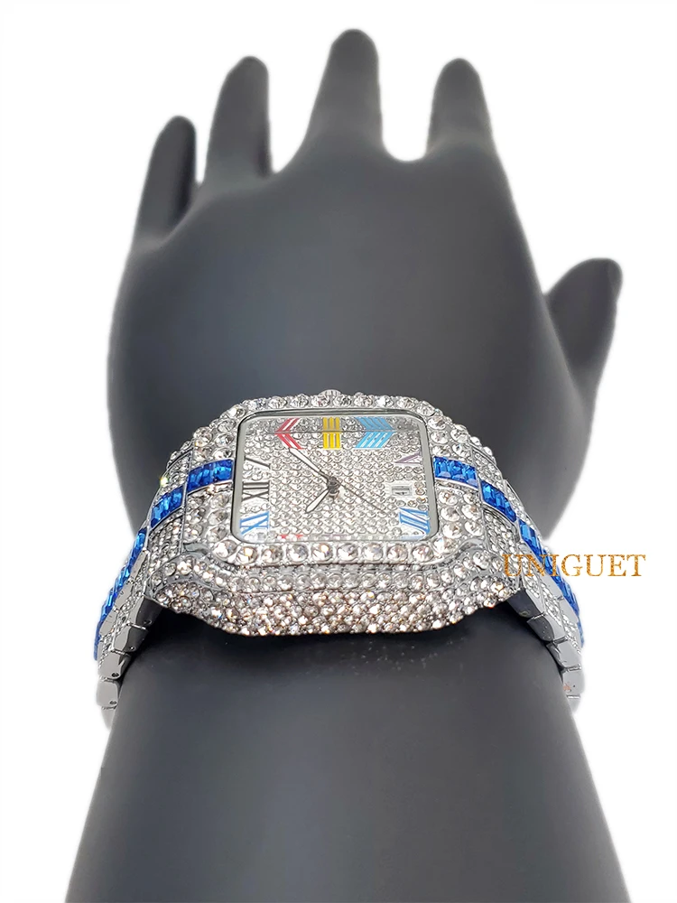 Orologi al quarzo da uomo blu ghiaccio con calendario con numeri colorati Orologio alla moda hip-hop per uomo Orologio da polso quadrato dal design di lusso regalo