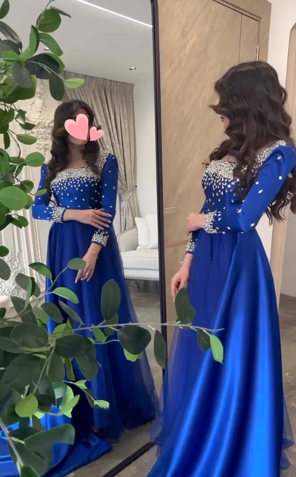 

Oisslec Dress Elegant Vintage Sweet Blue Crystal A-Line Beads New Customized Formal Occasion Prom Dress Evening Party Gowns