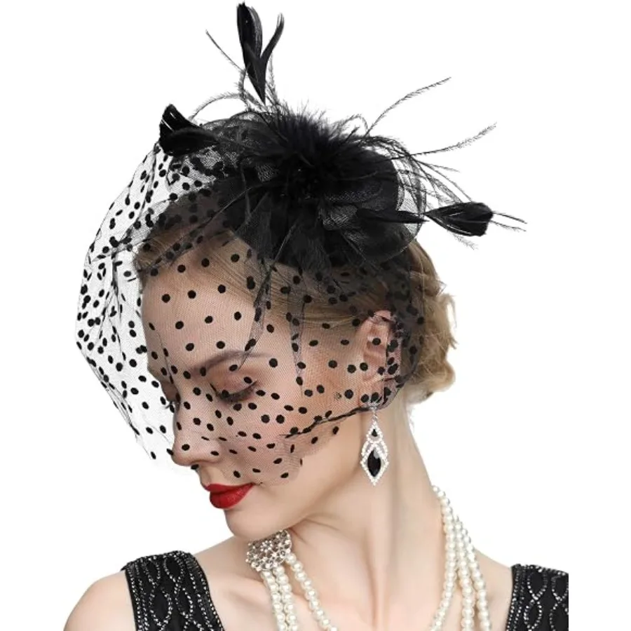 

Fascinator Hats for Women 20s 50s Vintage Pillbox Hat Kentucky Derby Fascinators Flower Veil Wedding Tea Party Hat, 2-black