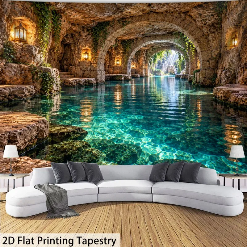 Cave Lake Tapestry, Stone Arch Cave Turquoise Clear Water Vintage Lantern Ivy Wall Tapestry,Nature Decor for Bedroom Living Room