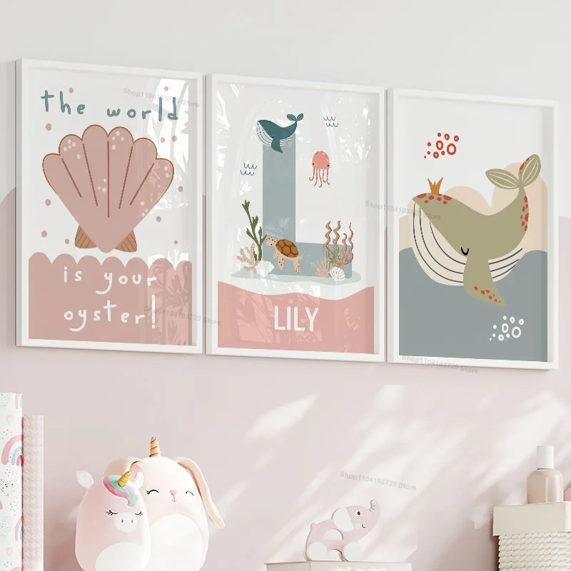 Cartoon Whale Octopus Jellyfish Scallop Custom Name Nursery Wall Art Canvas Posters and Prints Pictures for Baby Kids Room Decor