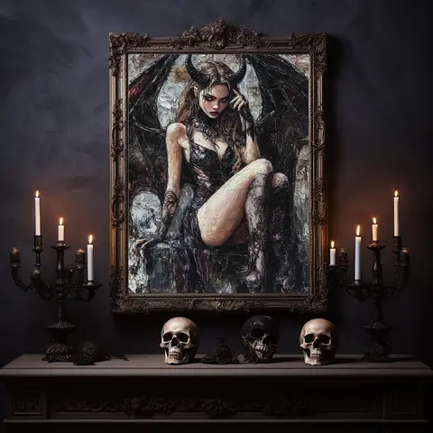 Beautiful Lilith Art Print Horned Goddess Sexy Female God with Black Dragon Wings Painting Decor Printable Dark Fantasy Poster
