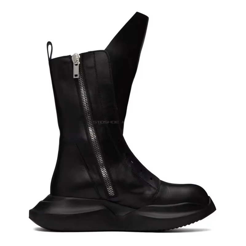 Mid Cut Short Boots for Men High Top Shoes Black Genuine Leather Thick Soled Knight Boots Men's Fashion Show Zippers Boots
