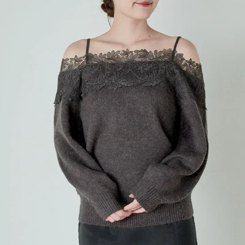 Sweet Lace Hook Flower Patchwork Slash Neck Pullovers Loose Casual Solid Knitted Pull Femme 2024 Autumn Winter Japanese Sweaters