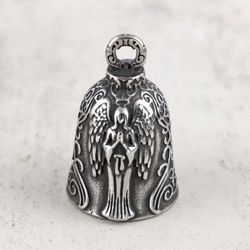 Vintage Virgin Mary Prayer Angel Wings Motorcycle Bell Pendant Necklace Mens Biker Rock Party Exorcism Amulet Jewelry