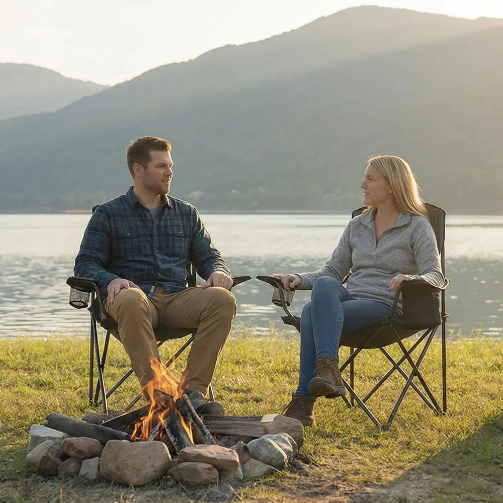 2-Pack Camping Chairs with Cooler Bag, Folding and Portable for Outdoor Activities