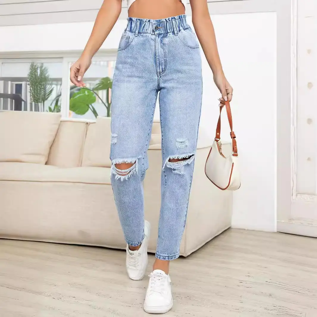 

Slim Perforated Straight Leg Denim Pants High Waist Neutral Style Iron-Free Treatment Mid-Elasticity Blue Color Women's Jeans