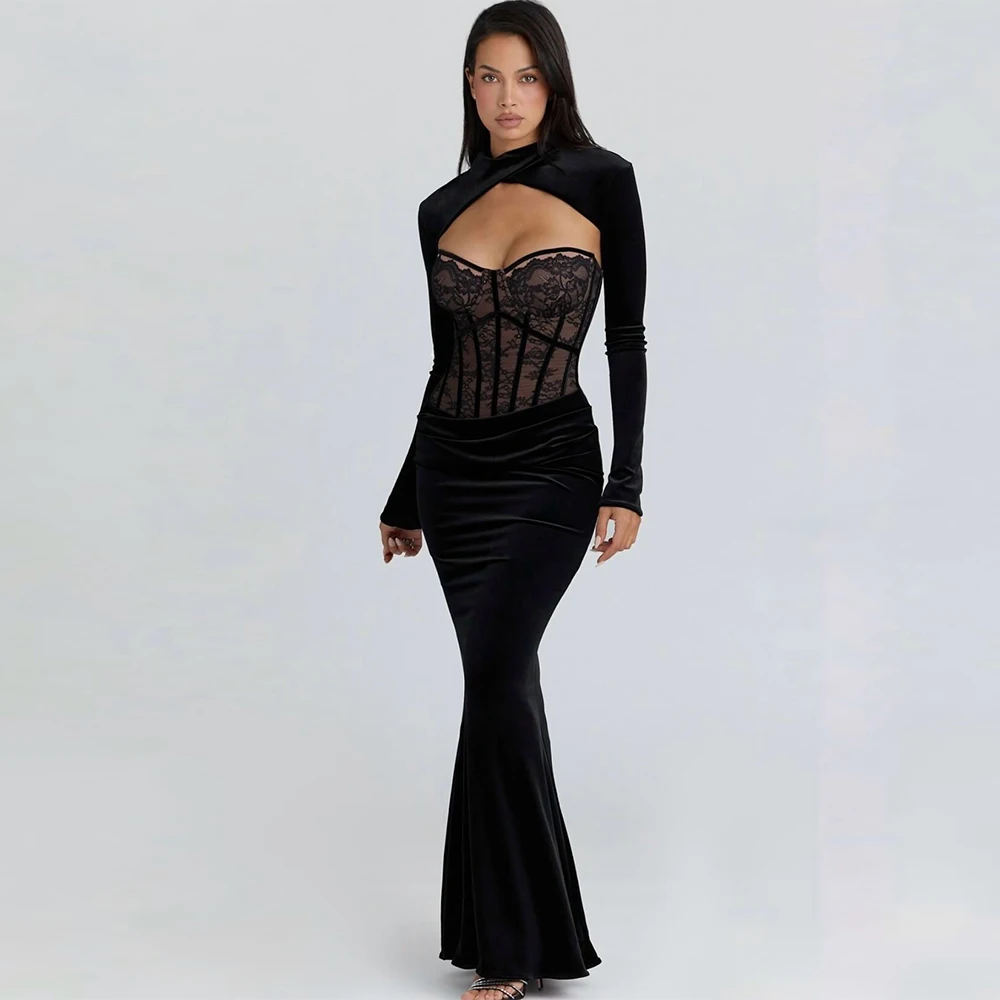 

Sexy Mermaid Velour Evening Dress Delicate O-Neck Long Sleeves Customized Prom Dresses Fashion Black Lace Bespoke Occasion Gown