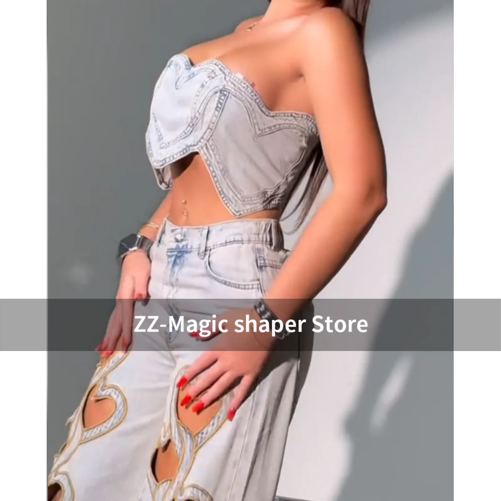 Stylish Wide Leg Trousers Denim Pants High Waisted Heart-Shaped Hollow Straight Leg Jeans Set Women's Loose Jeans Streewear