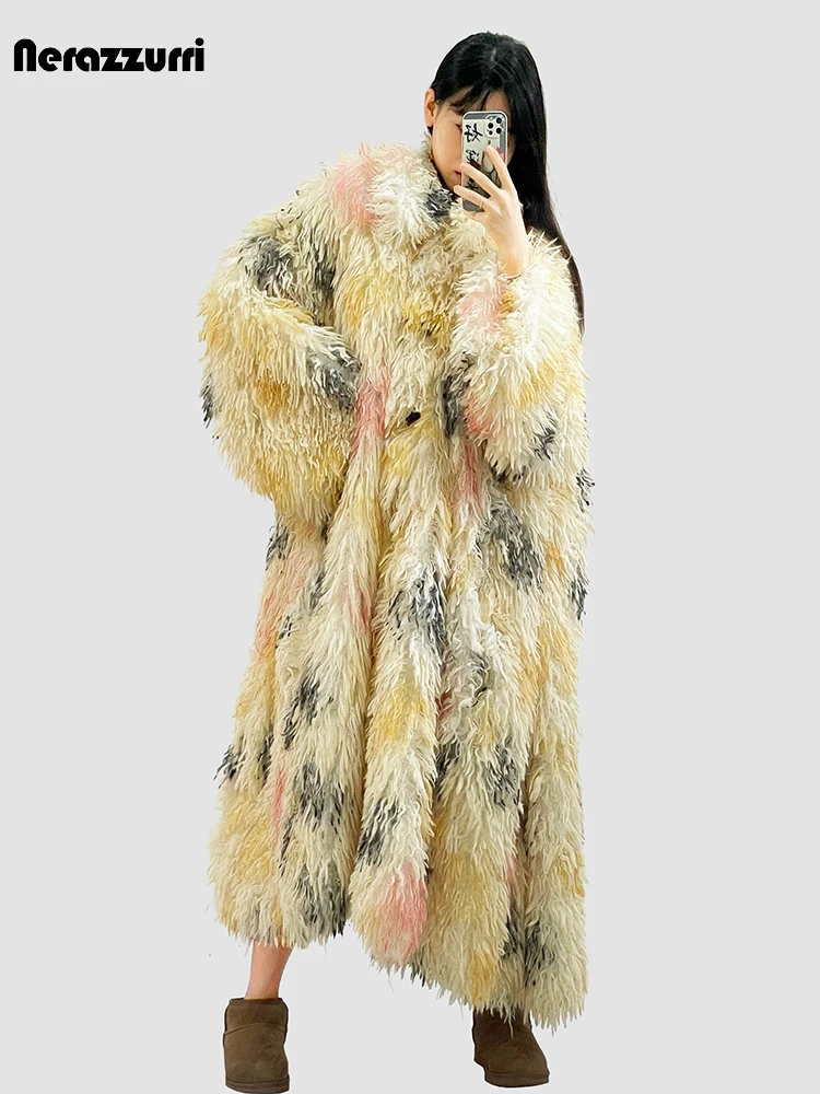 Nerazzurri Winter Long Oversized Colorful Multicolored Shaggy Hairy Warm Faux Fur Coat Women Loose Casual Fluffy Overcoat 2023